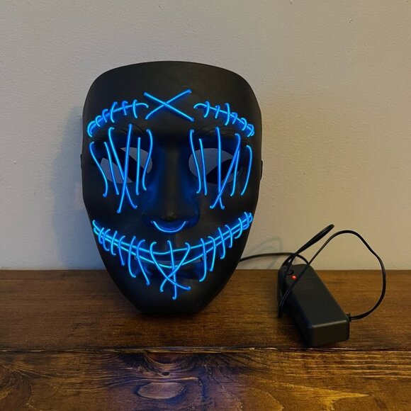 Light Up Blue Wire Horror Movie Halloween Mask Stitched Mouth and Eyes - Picture 4 of 11